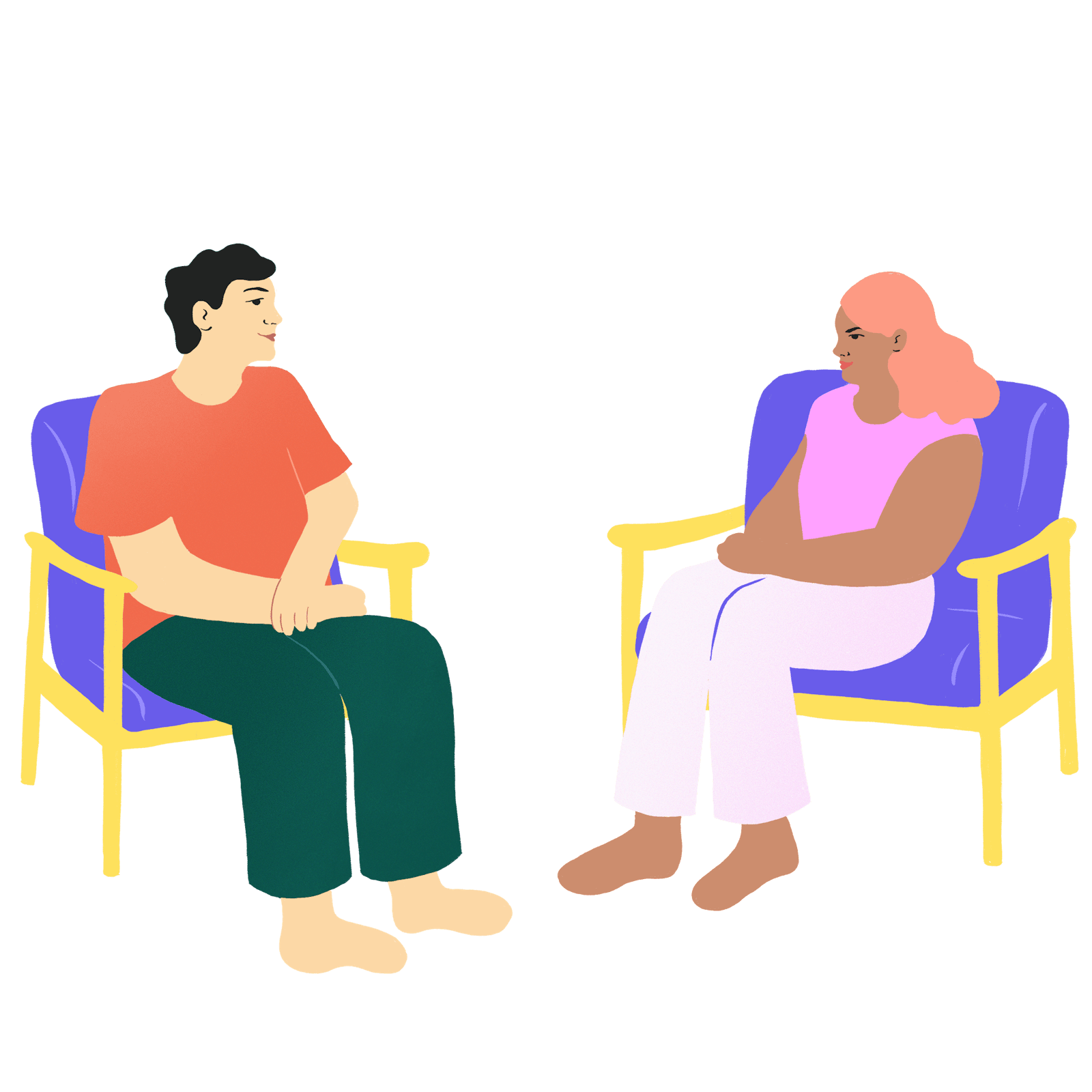 Zwei Personen, die auf Stühlen sitzen und einen Dialog führen