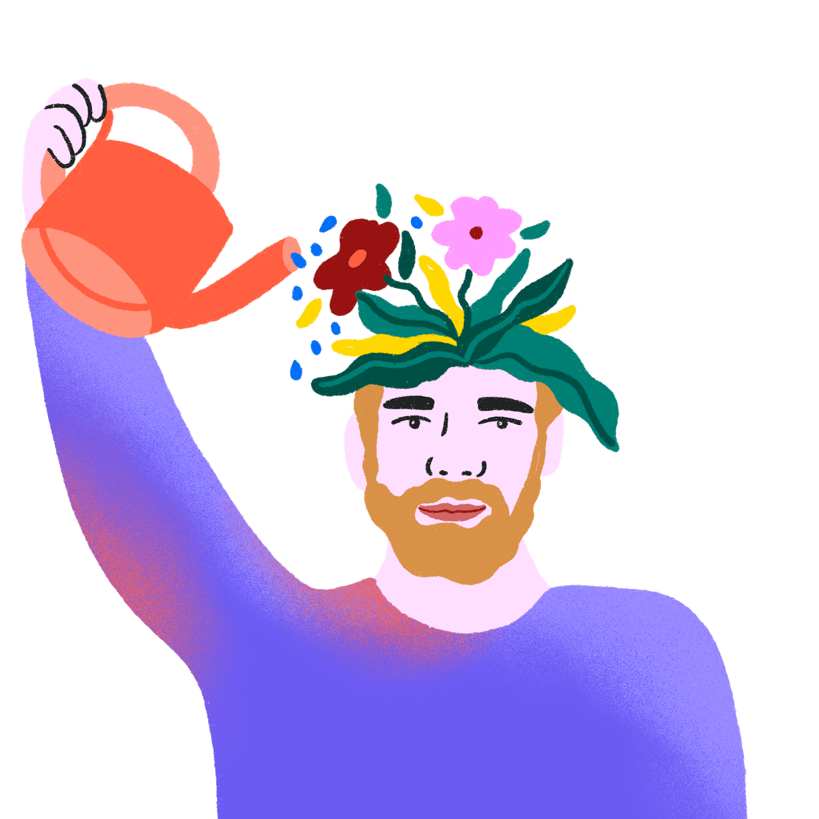 Illustration of a person pouring water on the plants on their own head to make them grow
